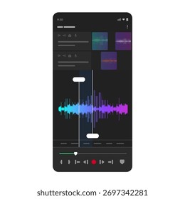 Mobile sound editing application interface audio waveform with selection markers playback controls track music production audio recording smartphone