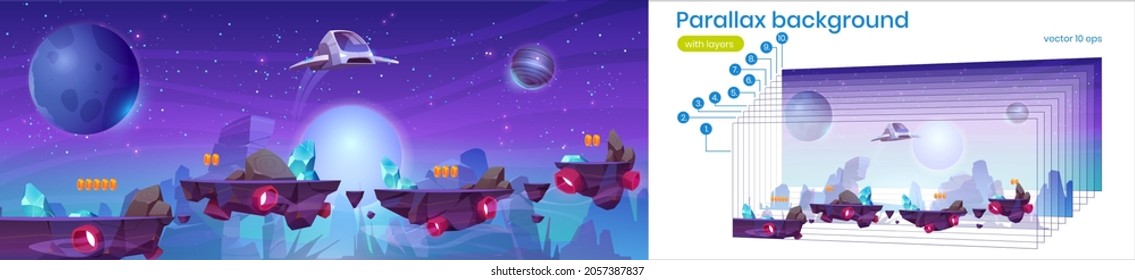 Mobile space game arcade with spaceship parallax background, interstellar shuttle collect assets on alien planet rocky platforms, fantasy 2d ui design, extraterrestrial scene, Cartoon vector landscape