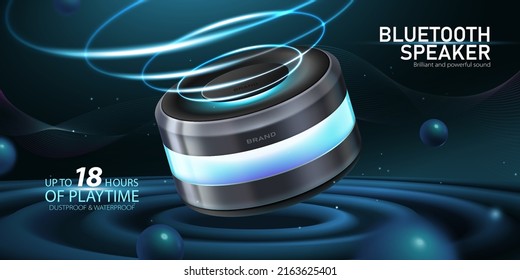 Mobile speaker banner ad. 3D wireless speaker making sonic waves while playing music on speaker like surface. Concept similar to home intelligent voice activated assistant