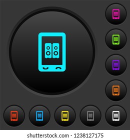 Mobile speakerphone dark push buttons with vivid color icons on dark grey background