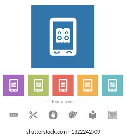 Mobile speakerphone flat white icons in square backgrounds. 6 bonus icons included.