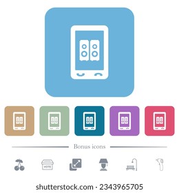 Mobile speakerphone white flat icons on color rounded square backgrounds. 6 bonus icons included