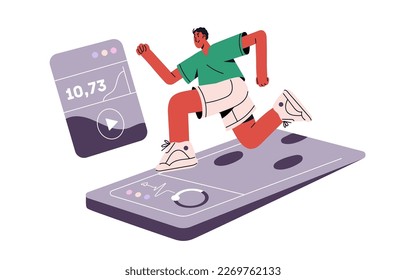 Concepto de aplicación de salud y deporte móvil. Persona corriendo, entrenando con aplicación de fitness. Jogging, entrenamiento en smartphone para monitorear el pulso. Ilustración vectorial plana aislada en fondo blanco