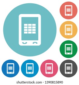 Mobile spreadsheet flat white icons on round color backgrounds