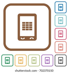 Mobile spreadsheet simple icons in color rounded square frames on white background