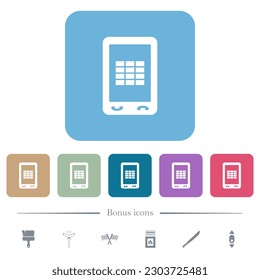 Mobile spreadsheet white flat icons on color rounded square backgrounds. 6 bonus icons included