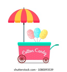 Mobile stall on wheels "sweet cotton wool". concept of small business. flat vector illustration isolated on white background