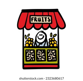 Mobile stall selling fresh fruits and vegetables. Vector illustration of the seller in grocery store. Hand drawn stick figure character isolated on white background.