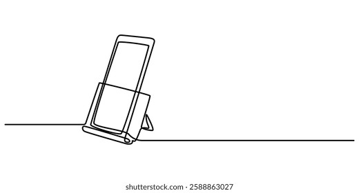 mobile stand continuous one line drawing, symbolizing the brilliance of modern technology and the significance of digital communication, Smartphone or mobile phone in the stand, stand holder, vector.