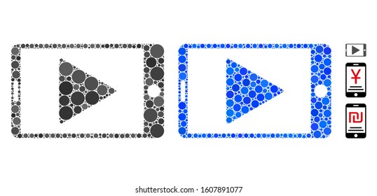 Mobile start play mosaic of filled circles in different sizes and color tints, based on mobile start play icon. Vector small circles are combined into blue collage.