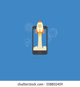 Mobile Startup Illustration, Rocket Lauch from Mobile Phone