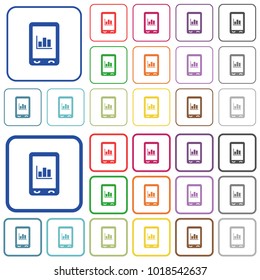 Mobile statistics color flat icons in rounded square frames. Thin and thick versions included.