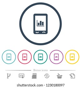 Mobile statistics flat color icons in round outlines. 6 bonus icons included.