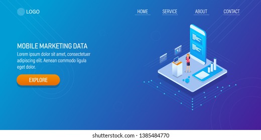 Mobile statistics, Mobile marketing strategy, Data driven marketing concept, 3D, isometric banner with characters and icons