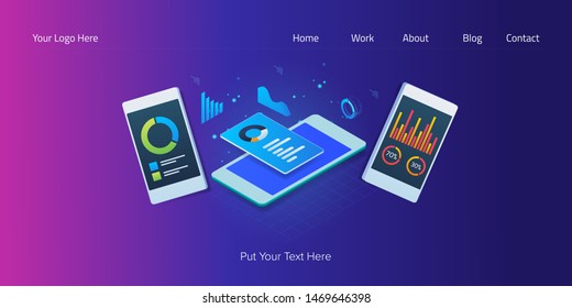 Mobile statistics, web data analysis, data analytics app - isometric vector landing page