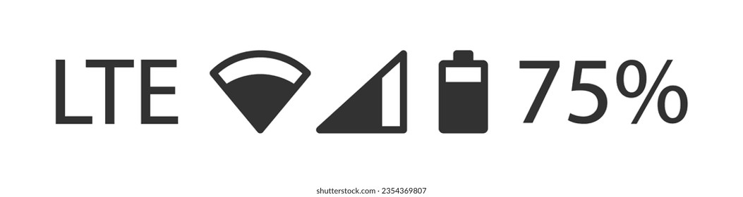 Icono de barra de estado móvil. signos de diseño de interfaz de usuario. Duración de la batería en el símbolo del teléfono. Símbolos de señal Wifi. Iconos LTE del indicador de red. Color negro. Signo aislado del vector.
