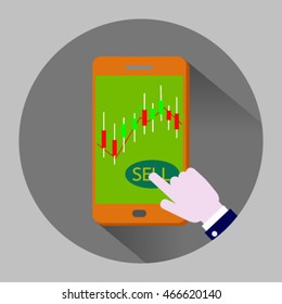 Mobile stock exchange trade. Vector Flat design long shadow