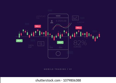 Mobile stock market investment trading. Financial analytics. Mobile stock trading concept, business and investment, market analysis. Candlestick Chart on smartphone screen. Vector flat illustration. svg