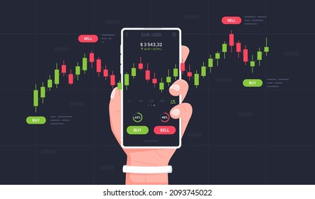 Negociación en el mercado de valores móvil. La mano del hombre sostiene un smartphone con cartas comerciales. Concepto para el comercio móvil en línea.