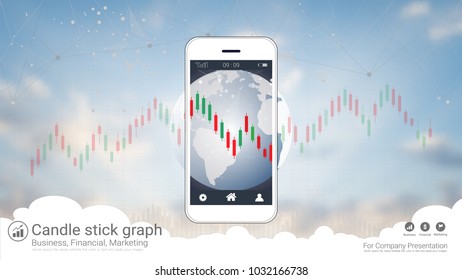 Mobile stock trading concept with candlestick and financial graph charts on screen, Global network connection and wireless technology allows investors to access trading platforms from their telephone.