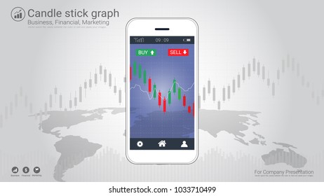 Mobile stock trading concept with candlestick and financial graph charts on screen, Global network connection and wireless technology allows investors to access trading platforms from their telephone.