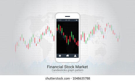 Mobile stock trading concept with candlestick and financial graph charts on screen, Global network connection and wireless technology allows investors to access trading platforms from their telephone.