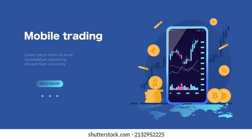 Plantilla de la página web del concepto de negociación de acciones móviles. Catálogo de candelabros de comercio en línea, análisis del mercado de valores de criptodivisa, banner de inversión. Aplicación móvil para la ilustración vectorial de estadísticas en línea