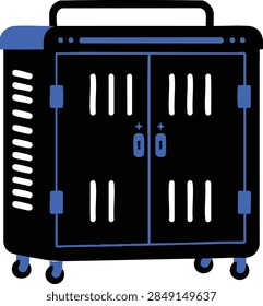 A mobile storage cabinet featuring lockable doors, ideal for school or office use