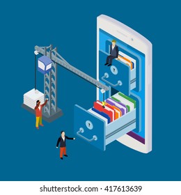 Mobile Storage Flat Vector Illustration. Businessman And Crane Put Folder Into Abstract Data Base Server