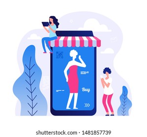 Mobile store app vector illustration. Online shopping concept. Tiny flat woman with smartphone and tablet