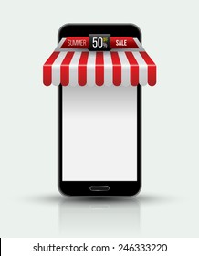 Mobile store concept with awning. Vector illustration. Can use for promotion banner. Demo application.