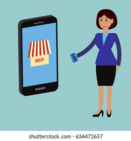 Mobile store concept. Business woman work with online payment, shopping with smartphone. Online marketting flat design.