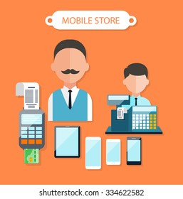 Mobile store concept flat design. Electronic shop, retail and dealer, smarphone and tablet, cash register, business technology, sale and marketing service illustration
