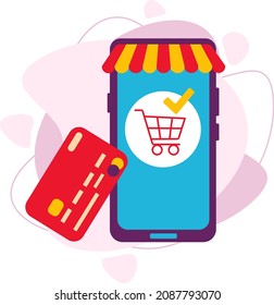 Mobile store and credit card. An online store with mobile devices, credit cards and store items. Vector illustration in a flat style.