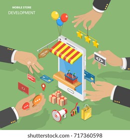 Mobile store development flat isometric low poly vector concept. Several hands construct the application for mobile shop.