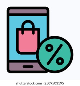 Tienda móvil con el icono de Vector de signo de descuento, tienda en línea con el icono de etiqueta de venta. Icono de Vector de color lineal aislado.