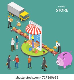Mobile store flat isometric low poly vector concept. Conveyor bring goods to the mobile shop which sells them to people. The second part of conveyor carry money to the piggy bank.