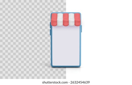 Icono de la tienda móvil con el marco azul y el toldo rayado, ideal para el comercio electrónico, las compras en línea, el App al por menor y los Elementos de interfaz de usuario del mercado. Estilo 3D minimalista brillante. Ilustración vectorial.