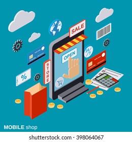 Mobile store, online shopping, distant trade, e-commerce flat isometric vector concept.  Modern web design infographics