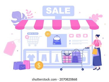 Mobile Store or Shopping Online in Application Vector Illustration. Digital Marketing Promotion, Payment and Purchase Via Credit Card for Poster