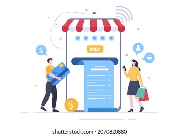 Tienda móvil o compras en línea en la Ilustración de vectores de aplicaciones. Promoción de marketing digital, pago y compra a través de tarjeta de crédito para cartel
