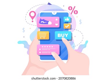 Tienda móvil o compras en línea en la Ilustración de vectores de aplicaciones. Promoción de marketing digital, pago y compra a través de tarjeta de crédito para cartel