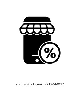 Icono de glifo de tienda móvil que representa el descuento de comercio electrónico para compras en línea