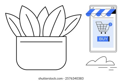 Mobile storefront with a shopping cart icon and a BUY button. Plant represents eco-friendly products. Cloud adds a simple background element. Ideal for e-commerce, online shopping, eco-friendly