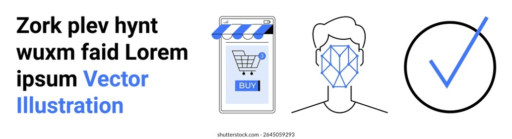 Loja móvel com ícone de carrinho de compras e botão de compra, verificação de reconhecimento facial e aprovação de sinalização de marca de seleção. Ideal para comércio eletrônico, segurança, tecnologia, smartphones, aplicativos financeiros