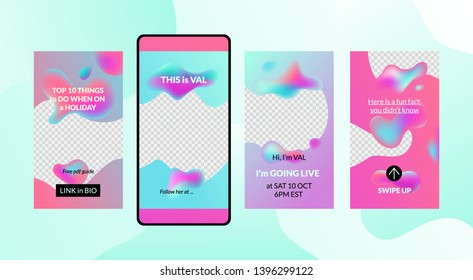 Mobile stories bright vector templates for social media marketing materials. Four layouts with a place for photos. Bright liquid forms concept.