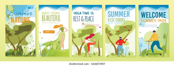 Mobile Stories Summer Set with Cartoon People Characters. Outdoors Recreation and Active Vacation Summertime for Man and Woman. Sport and Yoga, Eco Food and Walk in Park. Vector Flat Illustration