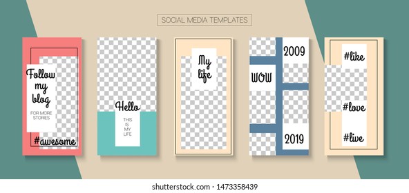 Mobile Stories Vector Collection. Blogger Hipster Concept, Social Media Kit Template. Online Shop Luxury Invitation Brand. Tech Sale, New Arrivals Story Layout. Social Media Stories Collection