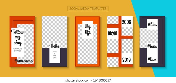 Mobile Stories Vector Collection. Blogger Hipster Frame, Social Media Kit Template. Online Shop Elegant Invitation Brand. Tech Sale, New Arrivals Story Layout. Social Media Stories Collection