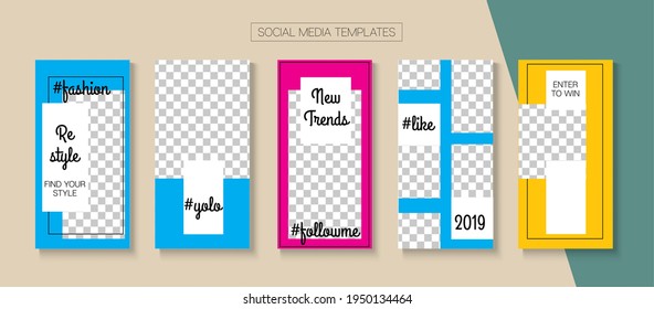 Mobile Stories Vector Collection. Blogger Modern Border, Social Media Kit Template. Online Shop Abstract Invitation Advert. Funky Sale, New Arrivals Story Layout. Social Media Stories Collection